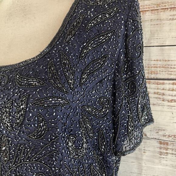 Stenay Dress size 14 Midnight Blue Satin Beaded Evening Wedding Formal Modest - Picture 15 of 16